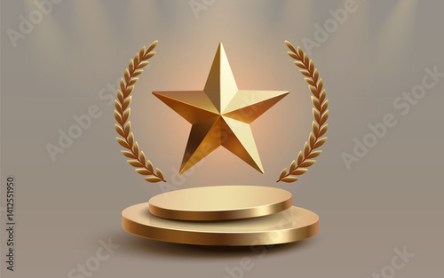 Awards nomination name podium, golden prize event, scene star ceremony. Vector illustration