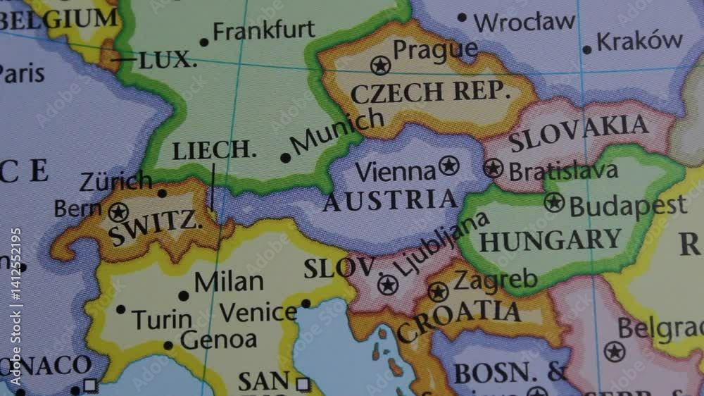 close up of the country of Central Europe viewed on a wold map as a travel concept. Austria on a map. Political map of Czech republic 
