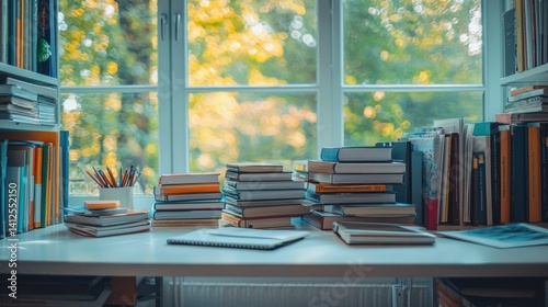 Fototapeta Naklejka Na Ścianę i Meble -  Books stacked on desk by window, autumn leaves outside, study space