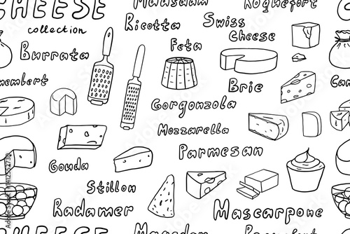 Seamless pattern of cheeses collection in doodle style. Feta, maasdam, burrata, mozzarella, radamer, swiss cheese, brie, parmesan, ricotta, mascarpone, gorgonzola, roquefort, stillon, gouda, camembert