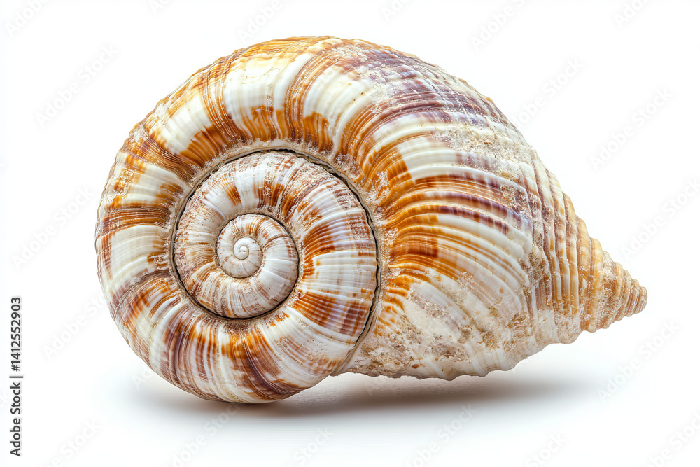 Isolated close up view of a spiral seashell with orange and white stripes Isolated close up view of a spiral seashell with orange and white stripes