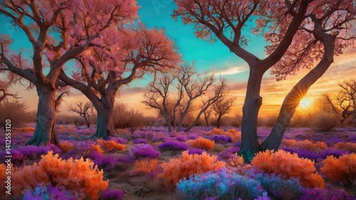 Unusual, bright, and colorful spring landscape with abstract elements and a fairytale atmosphere. Perfect as a background, backdrop, or decorative texture.