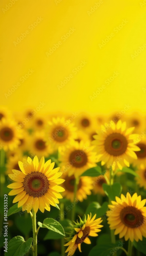 Fototapeta premium Sunflowers in a field with bright yellow background texture, flowers, wheat, sunflower field