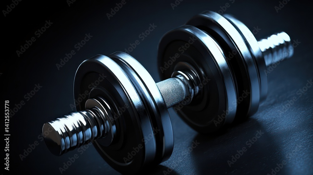 A close-up of pair of adjustable dumbbells with chrome-plated handles, positioned diagonally against dark background, with soft shadows enhancing their three-dimensional form A close-up of pair of adjustable dumbbells with chrome-plated handles, positioned diagonally against dark background, with soft shadows enhancing their three-dimensional form