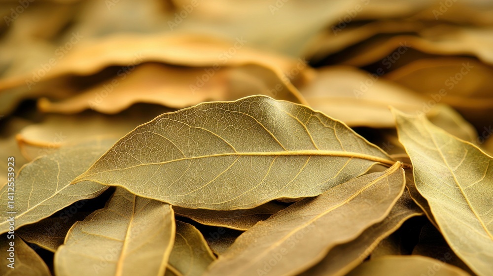 Obraz premium Close-up view of dried bay leaves scattered on a surface, showcasing their texture
