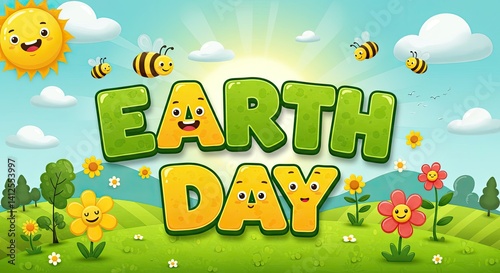 Happy earth day cartoon illustration landscape graphic design