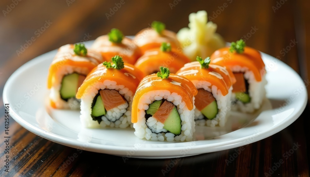Variety of sushi rolls on a white plate, garnished with wasabi and ginger, simple, healthy, food photography Variety of sushi rolls on a white plate, garnished with wasabi and ginger, simple, healthy, food photography