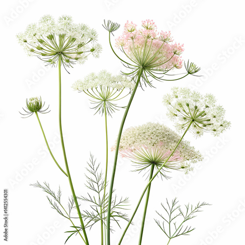 Queen Anne’s Lace 3D rendered flower delicately isolated on a white background with intricate patterns and soft textures
  

