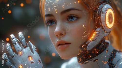 Obraz na płótnie Cyberpunk girl soft blue eyes glowing robotic arm warm tones digital art future tech intriguing gaze w salonie