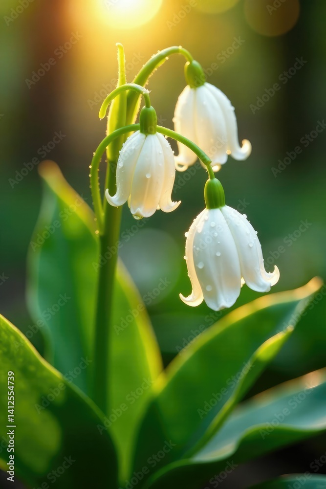 Fototapeta premium Water droplets on the surface of a lily of valley bloom in the morning sun, lilly pilly, lily of valley