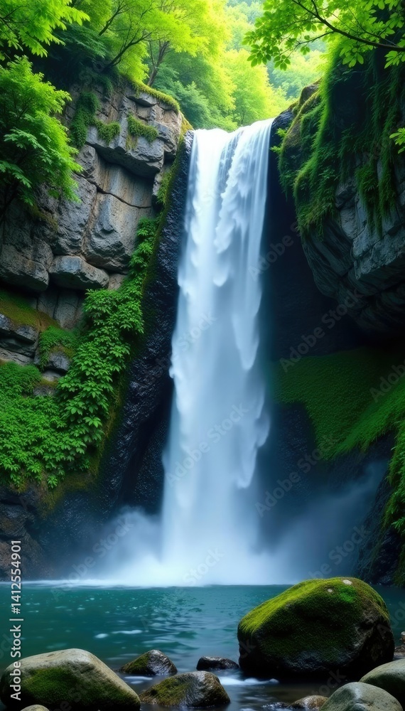 Fototapeta premium Water falls from a rocky cliff amidst lush foliage, lush, green, waterfall