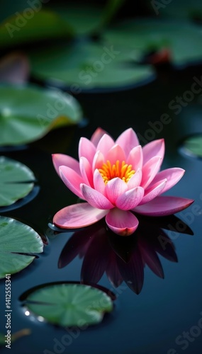 Water lilies float on dark mirror-like surface, water lily, flowers, black water
