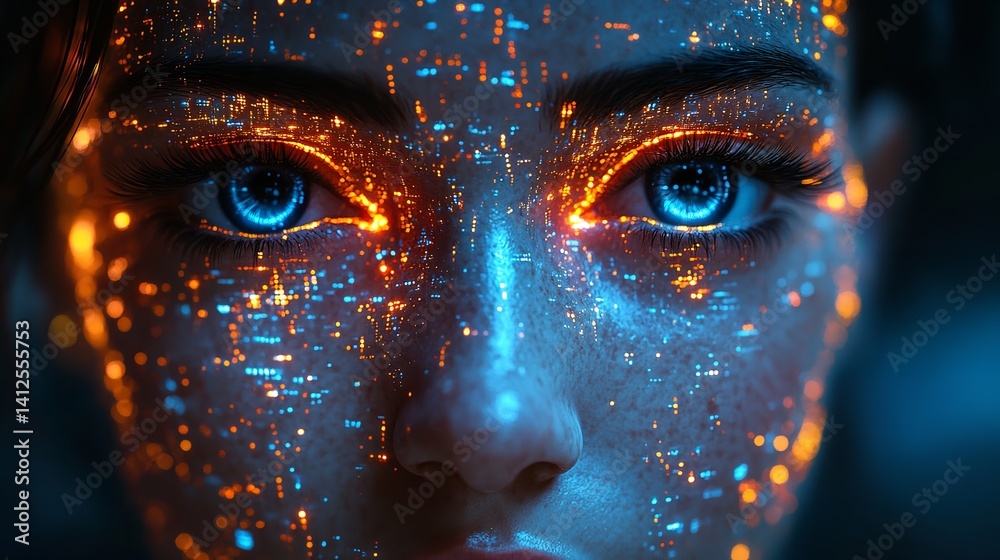 Futuristic face glowing blue and orange digital art vibrant close up portrait intense gaze