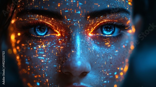 Obraz na płótnie Futuristic face glowing blue and orange digital art vibrant close up portrait intense gaze w salonie