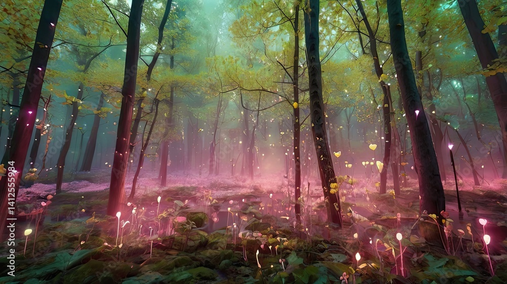 Obraz premium Unusual, bright, and colorful spring landscape with abstract elements and a fairytale atmosphere. Perfect as a background, backdrop, or decorative texture.