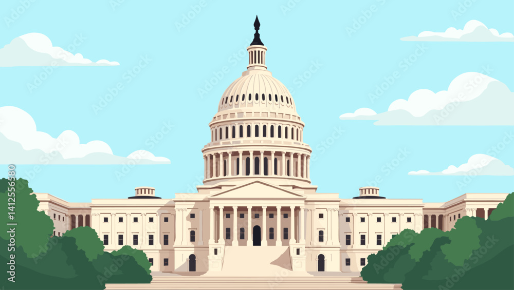 custom made wallpaper toronto digitalColorful flat vector of the US Capitol building with a bright blue sky and soft clouds, framed by trees on both sides