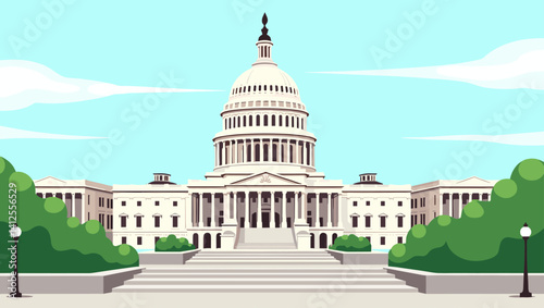 Flat vector art of the US Capitol with decorative trees, lamp posts, and a wide path, under a bright sky with clouds