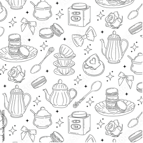 Pattern with coquette vintage tableware, macaroons, roses, stars and bows. Pink delicate background for wedding invitation, valentine, wallpaper design, scrapbook. Vector background in doodle style.