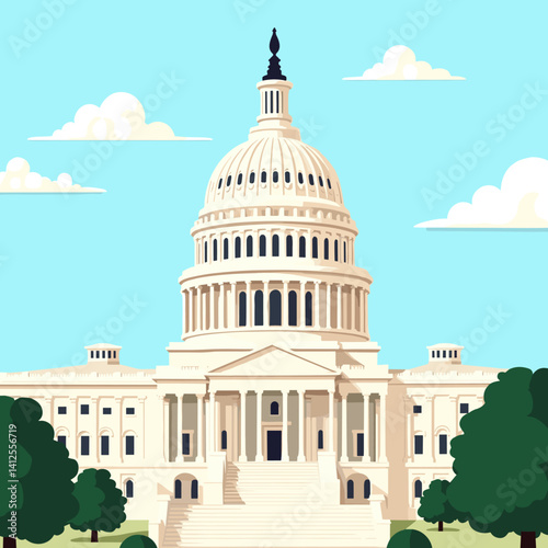 Close-up vector illustration of the US Capitol in bright daylight, featuring trees and a vibrant blue sky in a bold flat style