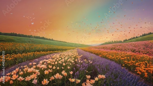 Obraz na płótnie Unusual, bright, and colorful spring landscape with abstract elements and a fairytale atmosphere. Perfect as a background, backdrop, or decorative texture. w salonie