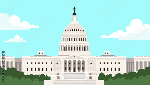 Flat vector illustration of the Capitol building with bright skies and stylized trees, emphasizing symmetry and bold colors