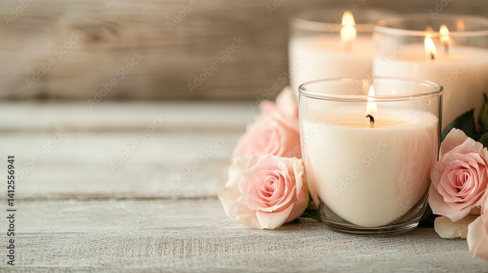 Display and decorations Concept. Candlelight ambiance with roses on a rustic wooden background. Display and decorations Concept. Candlelight ambiance with roses on a rustic wooden background.