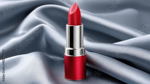 Vibrant Red Lipstick on Soft Satin Fabric Background for Beauty