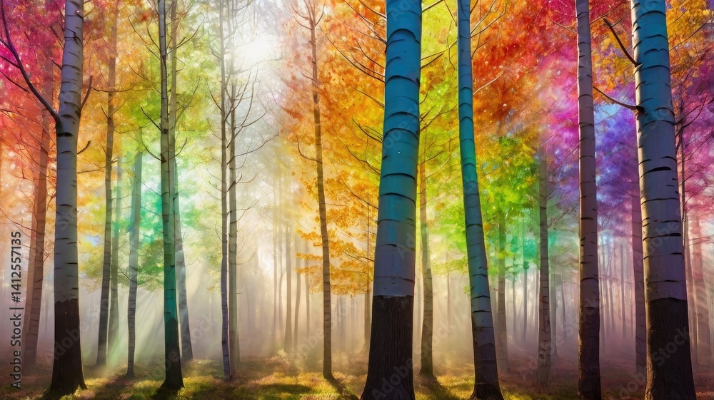 Unusual, bright, and colorful spring landscape with abstract elements and a fairytale atmosphere. Perfect as a background, backdrop, or decorative texture.
