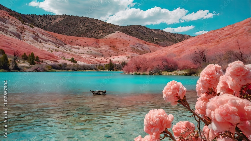 Unusual, bright, and colorful spring landscape with abstract elements and a fairytale atmosphere. Perfect as a background, backdrop, or decorative texture.