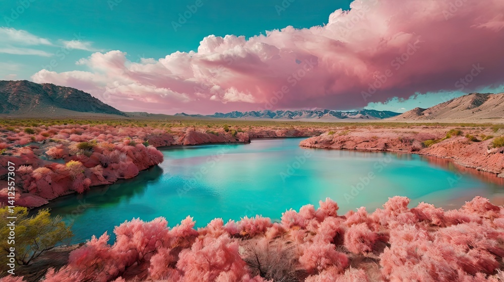Unusual, bright, and colorful spring landscape with abstract elements and a fairytale atmosphere. Perfect as a background, backdrop, or decorative texture.