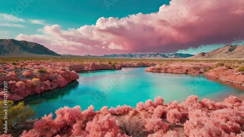 Unusual, bright, and colorful spring landscape with abstract elements and a fairytale atmosphere. Perfect as a background, backdrop, or decorative texture.