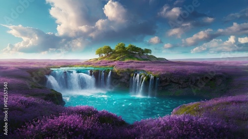 Unusual, bright, and colorful spring landscape with abstract elements and a fairytale atmosphere. Perfect as a background, backdrop, or decorative texture.