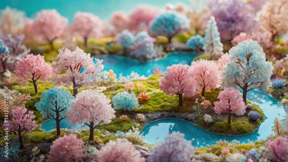 Unusual, bright, and colorful spring landscape with abstract elements and a fairytale atmosphere. Perfect as a background, backdrop, or decorative texture.