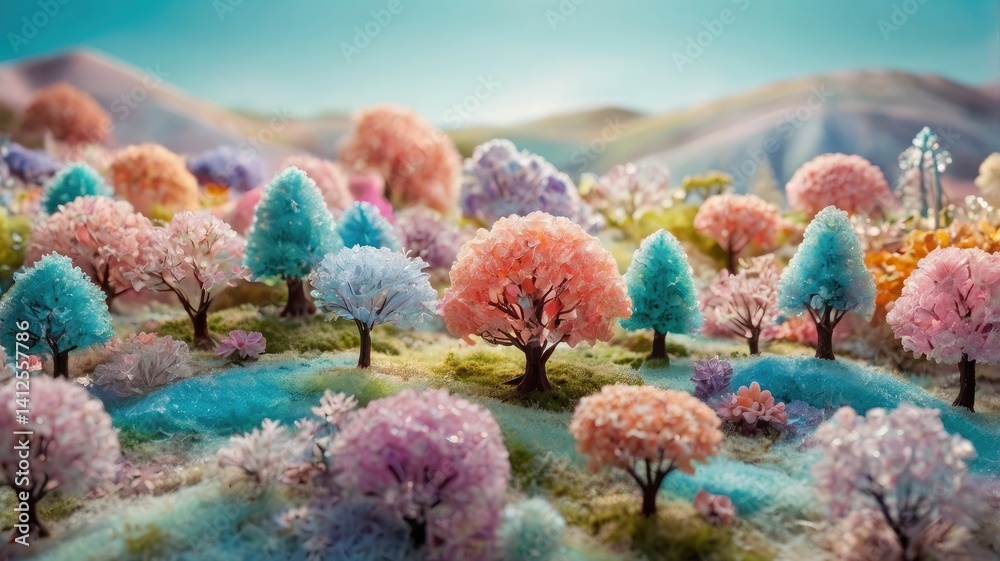 Unusual, bright, and colorful spring landscape with abstract elements and a fairytale atmosphere. Perfect as a background, backdrop, or decorative texture.
