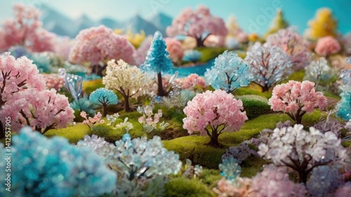 Unusual, bright, and colorful spring landscape with abstract elements and a fairytale atmosphere. Perfect as a background, backdrop, or decorative texture.