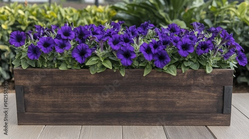 Wooden planter box filled with vibrant purple petunias