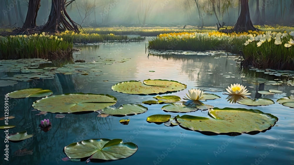 Bright and unusual spring landscape with fantastic colors, blooming fields, abstract shapes, and a fairytale atmosphere — perfect as a background or backdrop.