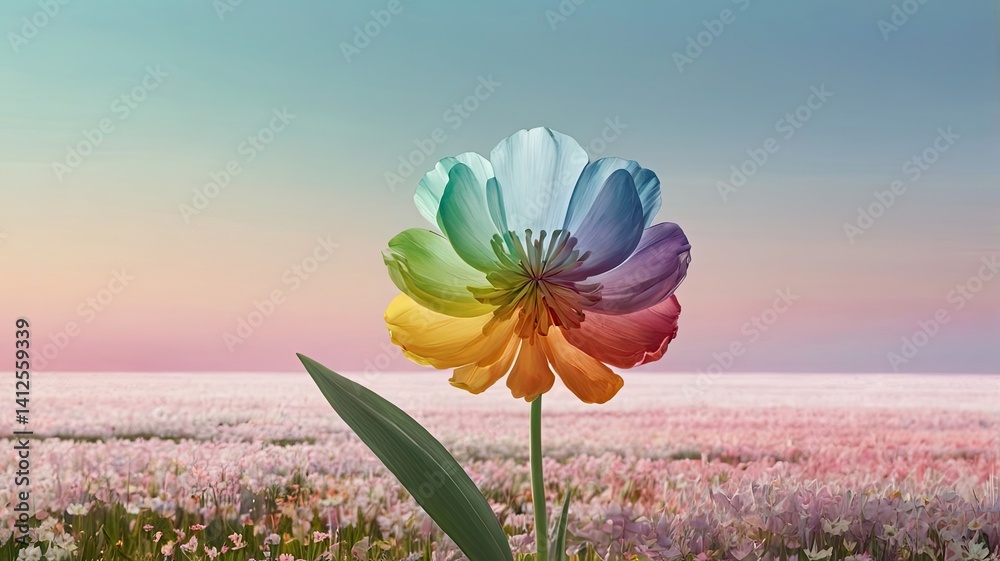 Bright and unusual spring landscape with fantastic colors, blooming fields, abstract shapes, and a fairytale atmosphere — perfect as a background or backdrop.