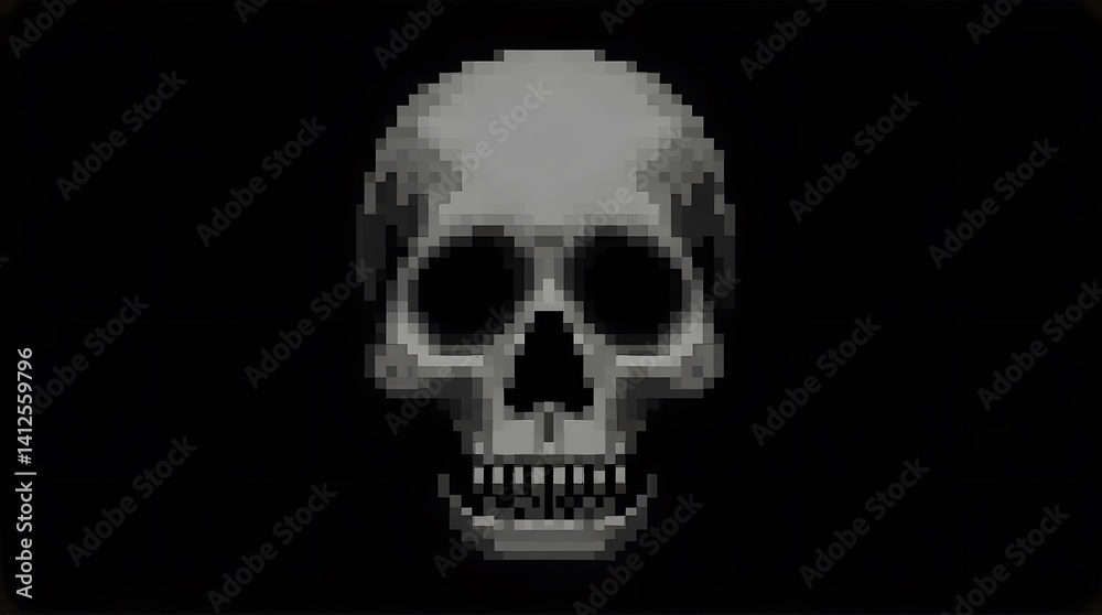 Pixel art skull on black. Digital 8-bit style. Creepy, retro, gaming, Halloween design. Use for graphic projects, posters, web, and social media. Pixel art skull on black. Digital 8-bit style. Creepy, retro, gaming, Halloween design. Use for graphic projects, posters, web, and social media.