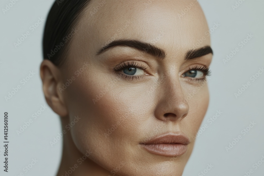 A middle-aged Caucasian woman with freckles gently touches her cheek, displaying her soft skin against a white backdrop as she gazes into the camera A middle-aged Caucasian woman with freckles gently touches her cheek, displaying her soft skin against a white backdrop as she gazes into the camera