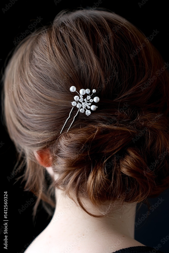 Naklejka premium A brunette bride's hairstyle features a bun adorned with beads and trimmed with hair clippers