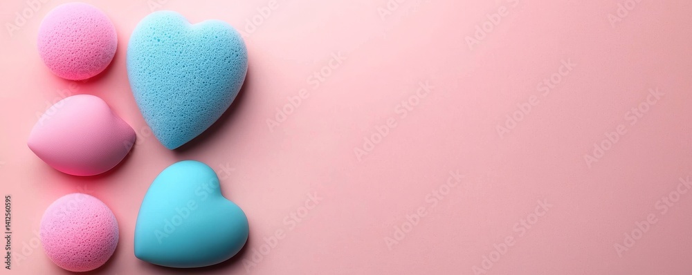 Obraz premium An array of decorative cosmetics is presented on a pink background, consisting of nail polish, lipsticks, a make-up brush, and heart-shaped sponges in shades of pink and red, all showcased in a flat