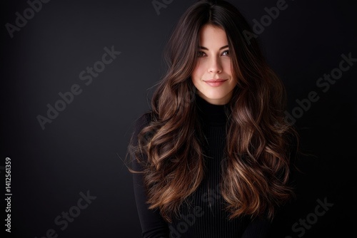 A Vogue style portrait provides a close-up of a beautiful woman with long curly tresses