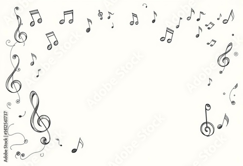 Intricate hand-drawn musical notes and doodles, sketched in black ink on blank paper,  treble clef, bass clef