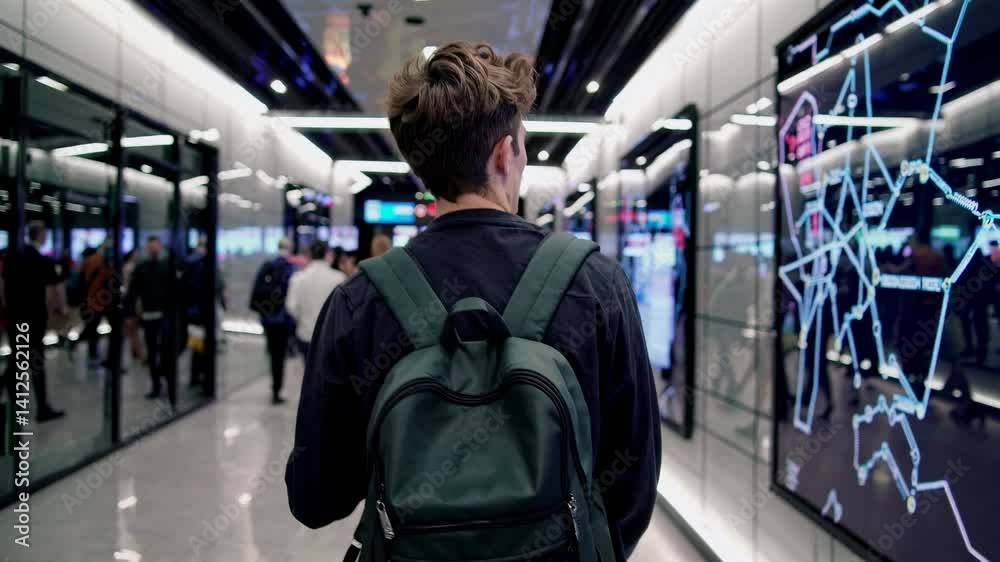 Over-the-shoulder angle of a person with a backpack walking through a modern, busy corridor with digital screens, resembling a video game scene.