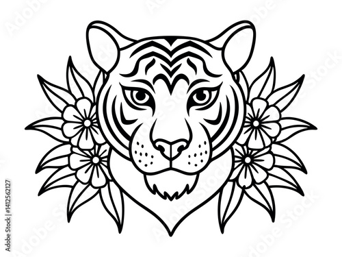 Hand-drawn of a tiger head with a flower frame in zentangle style