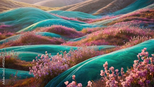 Bright and unusual spring landscape with fantastic colors, blooming fields, abstract shapes, and a fairytale atmosphere — perfect as a background or backdrop.