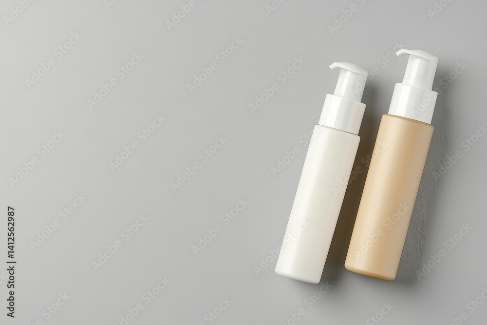 Various cosmetic bottles and containers are displayed on a colorful background from a top-down perspective Various cosmetic bottles and containers are displayed on a colorful background from a top-down perspective