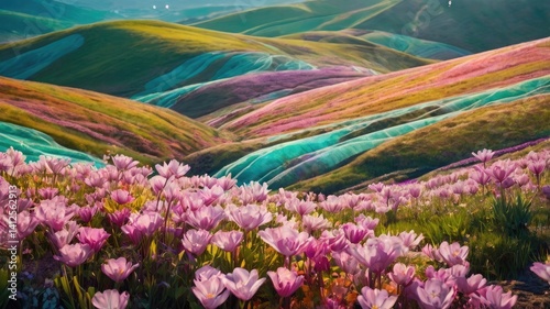 Bright and unusual spring landscape with fantastic colors, blooming fields, abstract shapes, and a fairytale atmosphere — perfect as a background or backdrop.