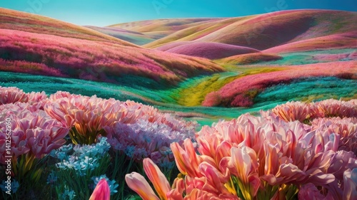 Bright and unusual spring landscape with fantastic colors, blooming fields, abstract shapes, and a fairytale atmosphere — perfect as a background or backdrop.